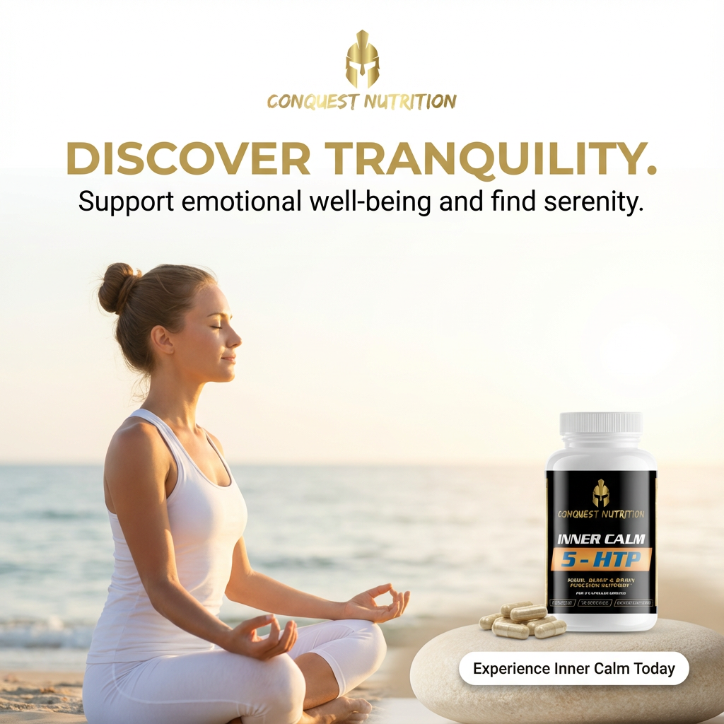 Woman meditating on a beach with Conquest Nutrition supplement bottle and text about tranquility and emotional well-being.