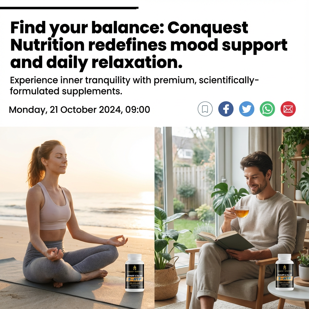 Advertisement for Conquest Nutrition supplements featuring a woman meditating and a man reading, with text about mood support and relaxation.