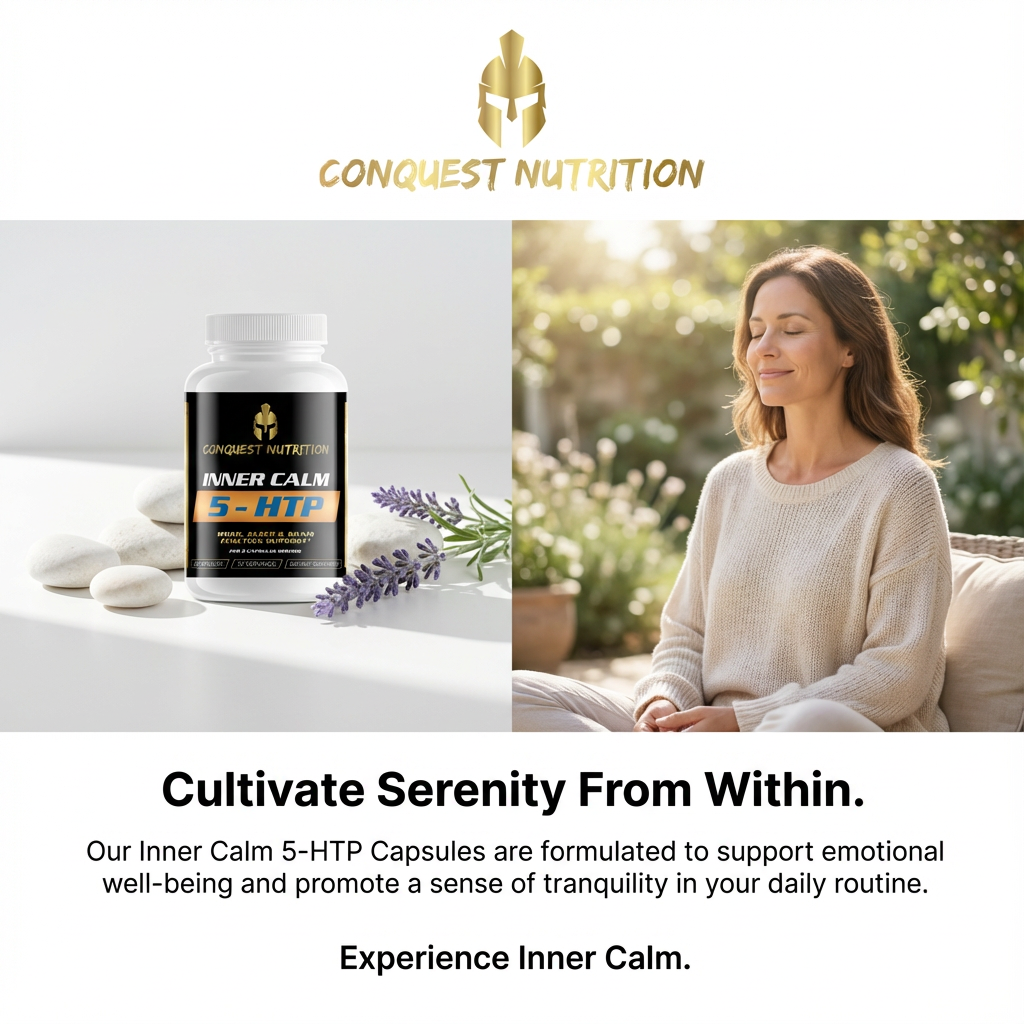 Conquest Nutrition Inner Calm 5-HTP supplement with a woman meditating outdoors.