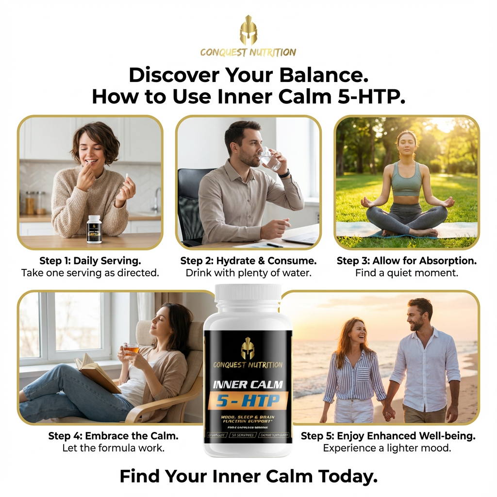 Advertisement for Conquest Nutrition Inner Calm 5-HTP with step-by-step guide and product display.