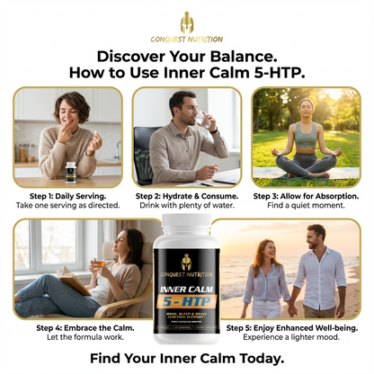 Advertisement for Conquest Nutrition Inner Calm 5-HTP with step-by-step guide and product display.