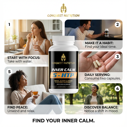 Conquest Nutrition Inner Calm 5-HTP supplement packaging with usage instructions and lifestyle images.