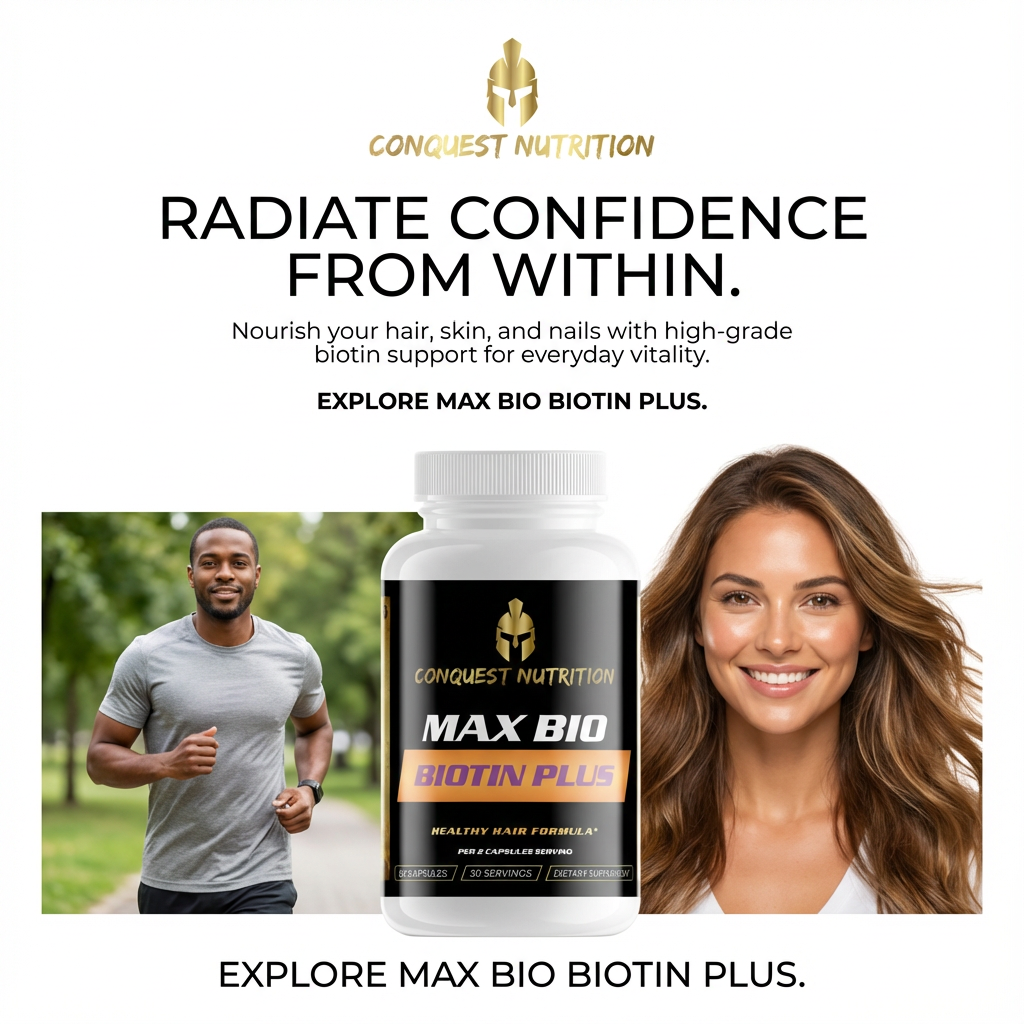 Advertisement for Conquest Nutrition Max Bio Biotin Plus with a man and woman outdoors, promoting hair and skin health.