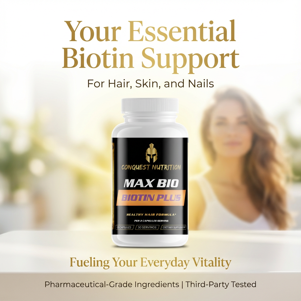 Bottle of Max Biotin Plus supplement with a blurred woman in the background, text about biotin support for hair, skin, and nails.