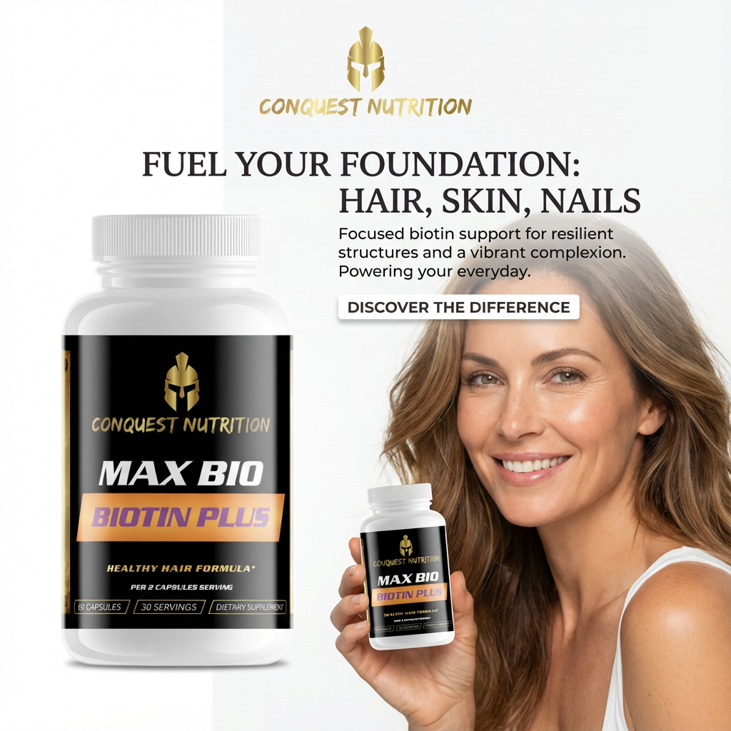 Conquest Nutrition Max Bio Biotin Plus supplement with a woman holding it, on a white background.
