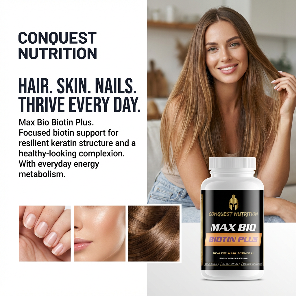 Advertisement for Conquest Nutrition Max Bio Biotin Plus supplement with a woman and product images.