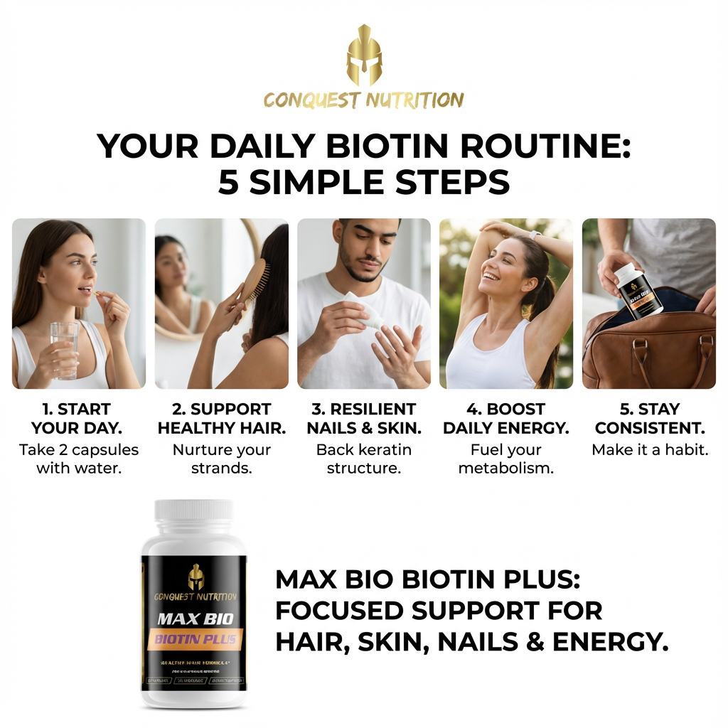 Conquest Nutrition Max Bio Biotin Plus supplement with daily routine steps on a white background