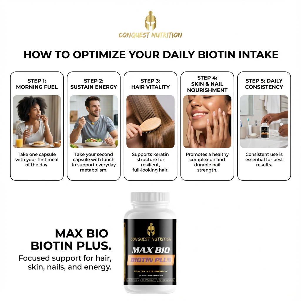 Max Bio Biotin Plus supplement advertisement with steps to optimize biotin intake.
