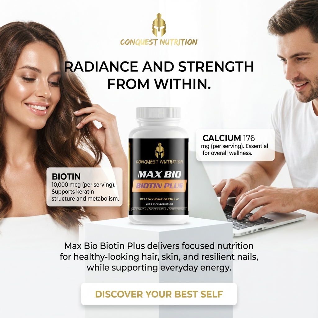 Advertisement for Conquest Nutrition Max Bio Biotin Plus supplement with a man and woman using a laptop.