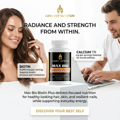 Advertisement for Conquest Nutrition Max Bio Biotin Plus supplement with a man and woman using a laptop.