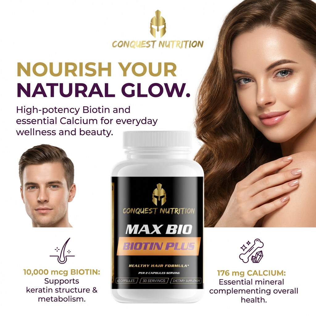 Advertisement for Conquest Nutrition Max Biotin Plus supplement with a woman and man, highlighting benefits and product details.