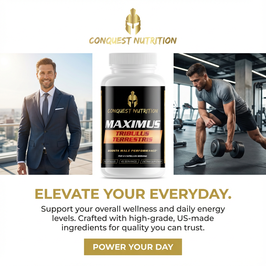 Conquest Nutrition Maximus supplement bottle with lifestyle images of a man in a suit and another working out.