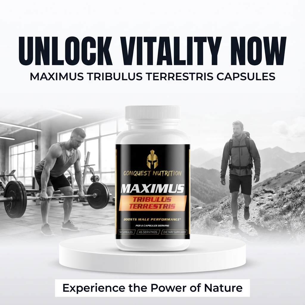 Maximus Tribulus Terrestris capsules with fitness-themed background