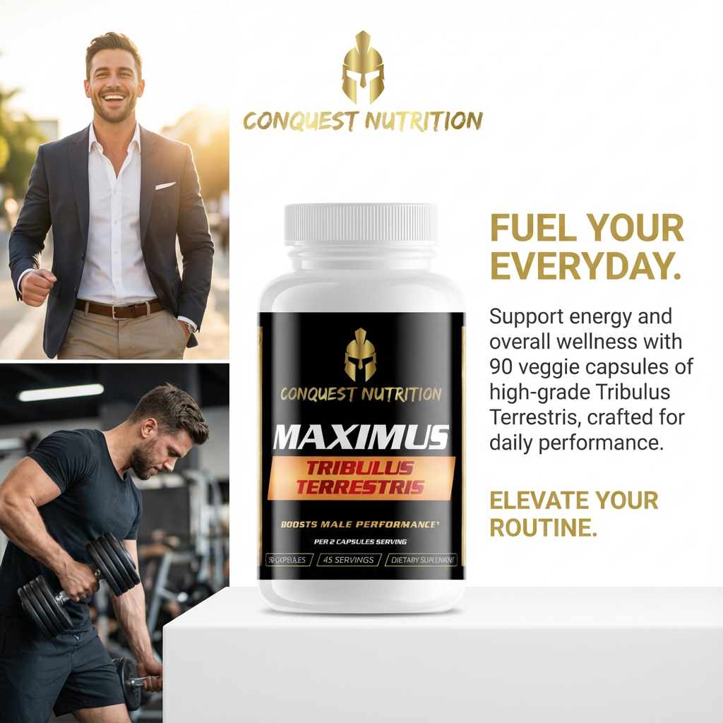 Advertisement for Conquest Nutrition Maximus Tribulus Terrestris supplement with a man in a suit and another lifting weights.