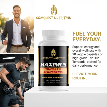 Advertisement for Conquest Nutrition Maximus Tribulus Terrestris supplement with a man in a suit and another lifting weights.
