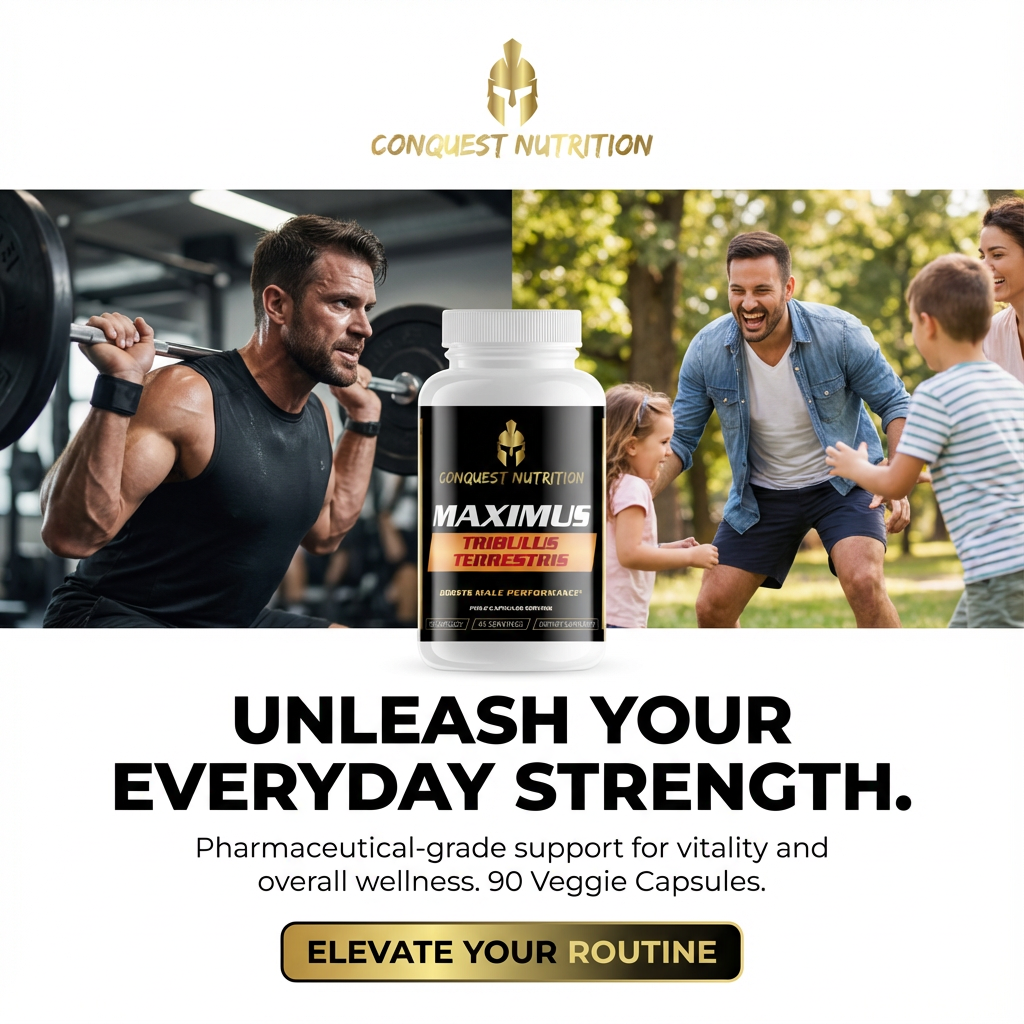 Advertisement for Conquest Nutrition Maximus Multivitamins with a man lifting weights and a family outdoors.