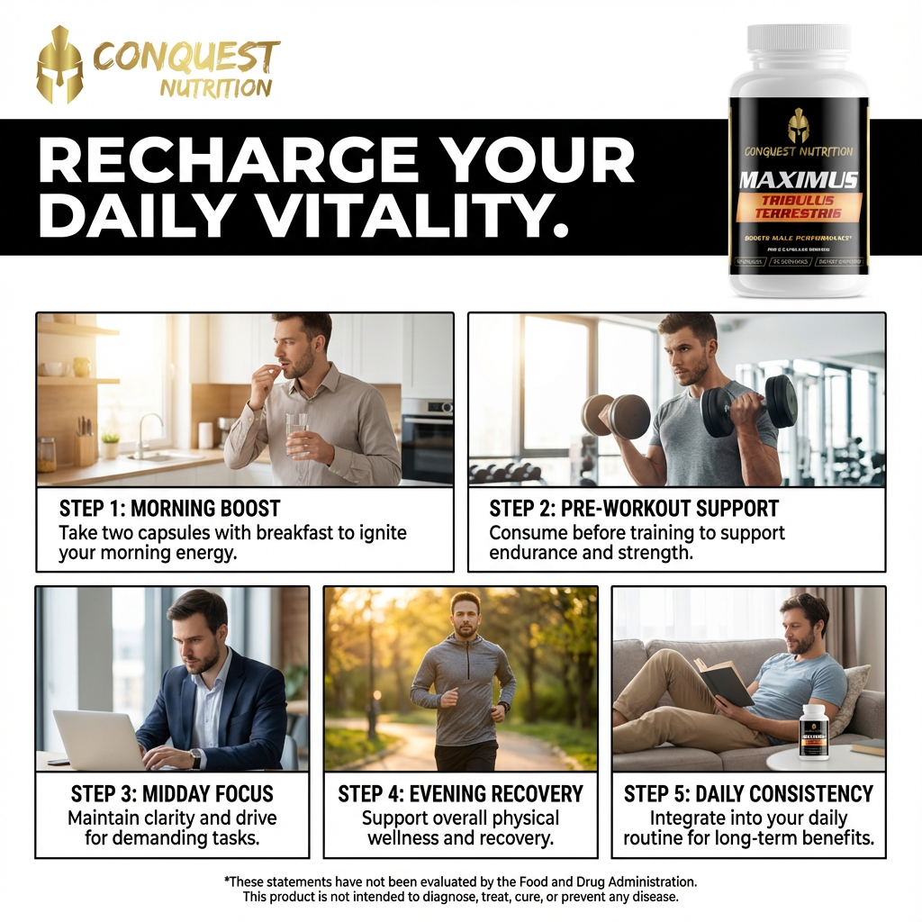 Advertisement for Conquest Nutrition supplements with steps to recharge daily vitality.