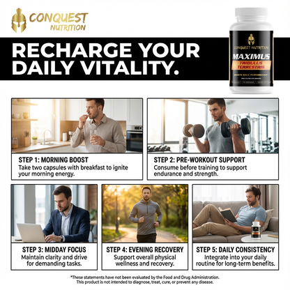 Advertisement for Conquest Nutrition supplements with steps to recharge daily vitality.