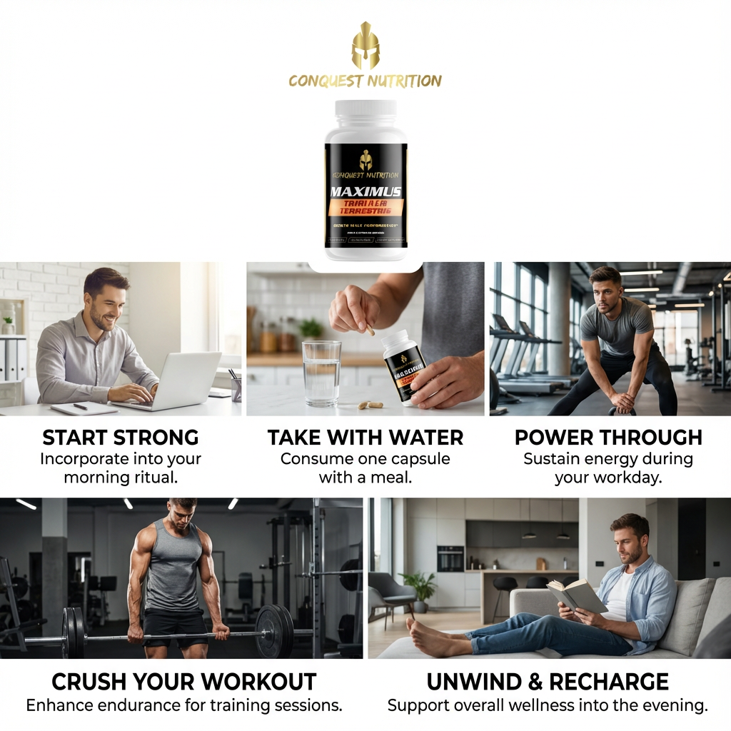 Conquest Nutrition Maximus supplement bottle with usage instructions and lifestyle images.