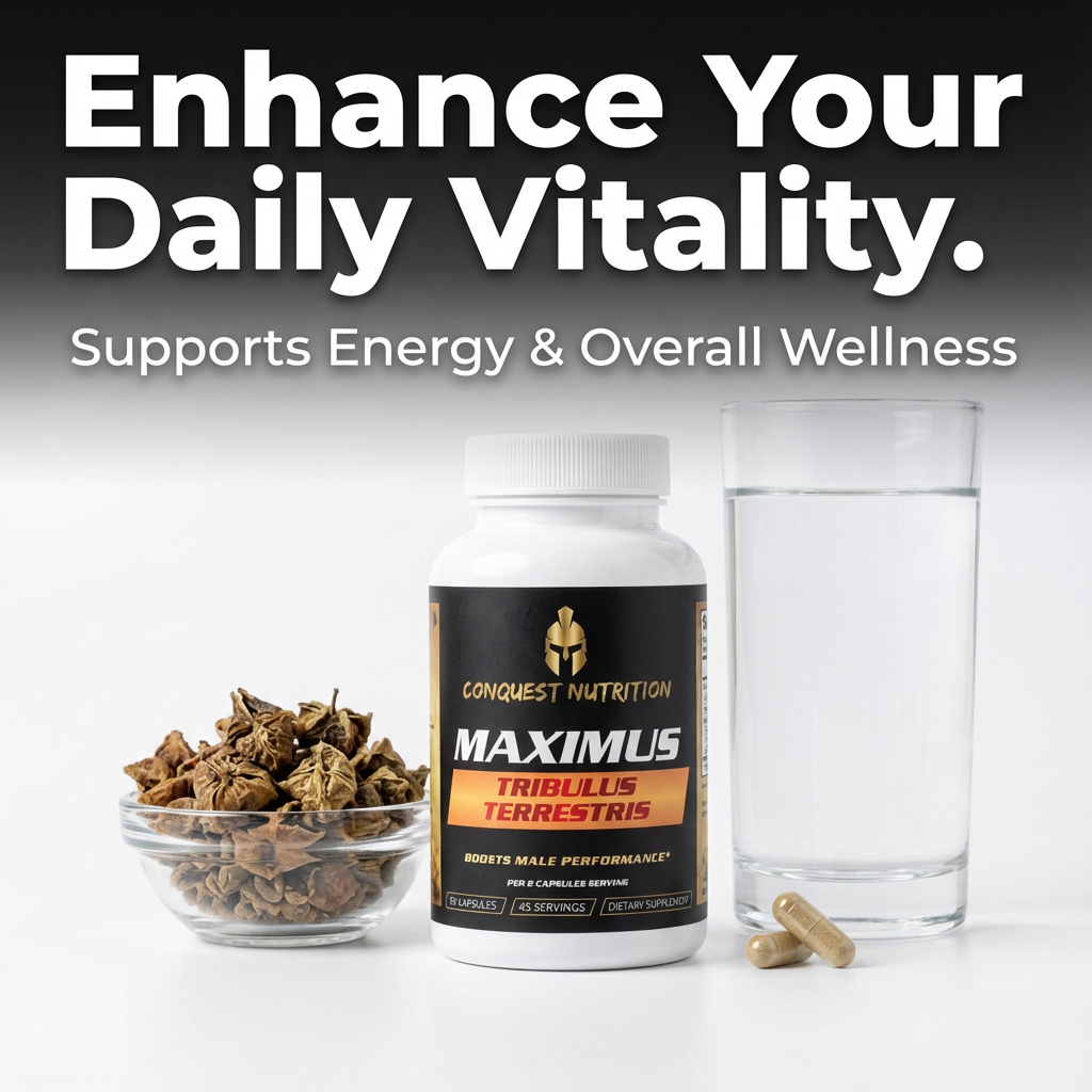 Conquest Nutrition Maximus Tribulus Terrestris supplement with a glass of water and a bowl of herbs on a white background.