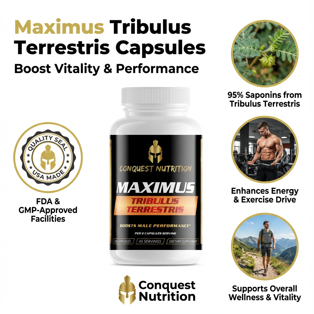 Maximus Tribulus Terrestris Capsules packaging with branding and product details on a white background.