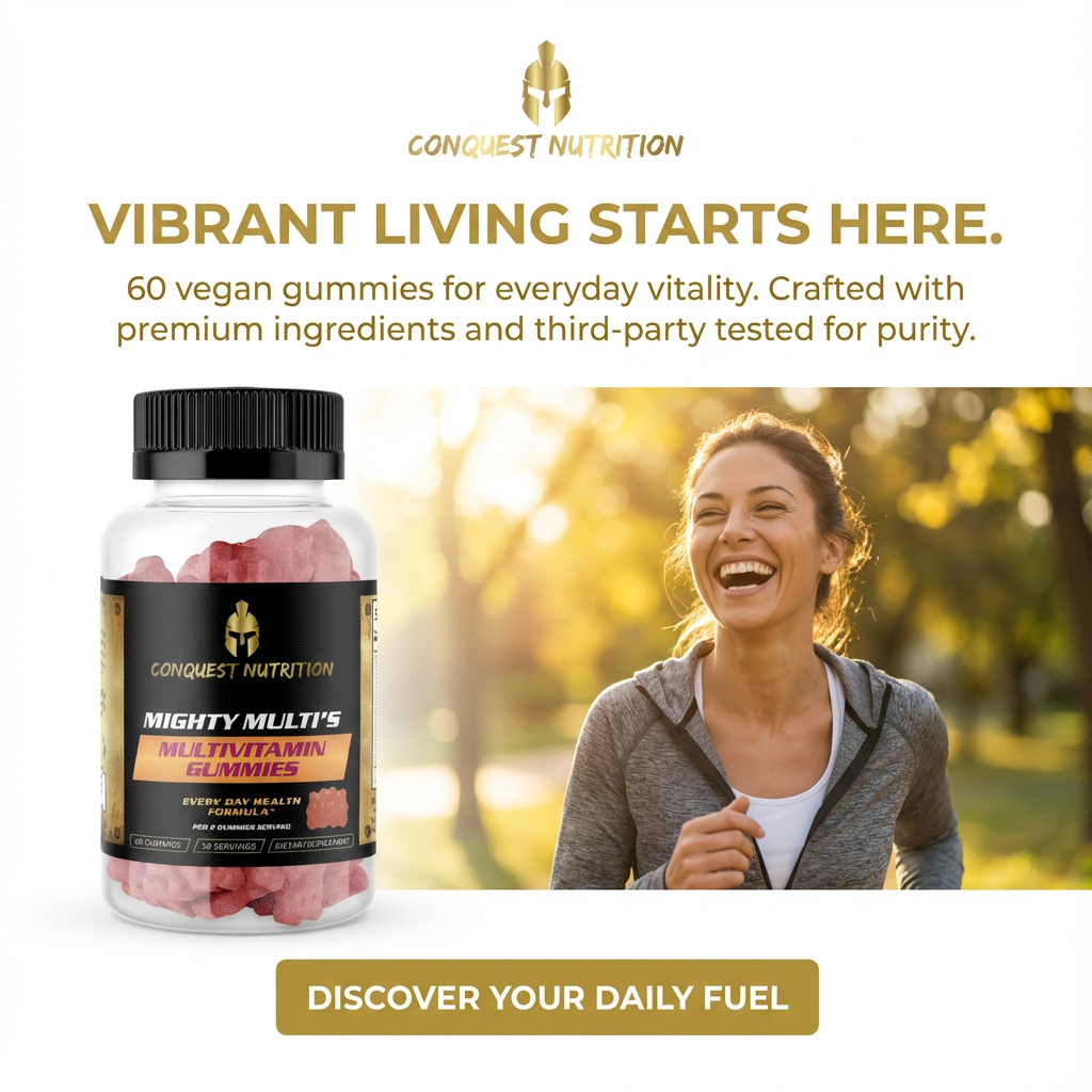 Conquest Nutrition Mighty Multi's Multivitamin Gummies with a woman outdoors, promoting vibrant living.