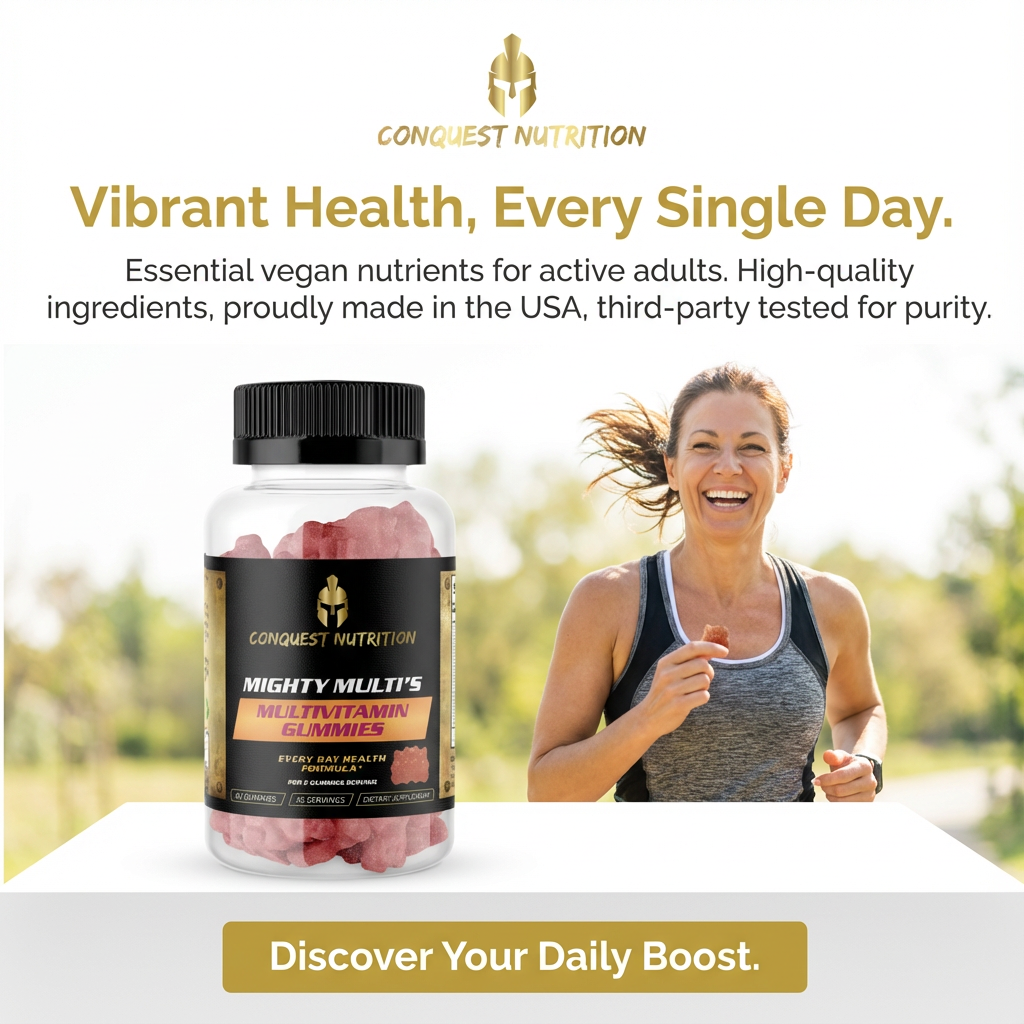 Conquest Nutrition supplement bottle with a woman running outdoors, promoting vibrant health.
