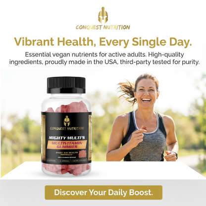 Conquest Nutrition supplement bottle with a woman running outdoors, promoting vibrant health.