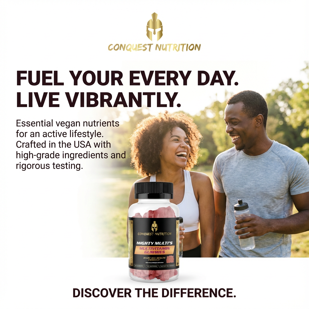 Advertisement for Conquest Nutrition with a couple outdoors holding supplement bottles.
