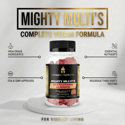 Bottle of Conquest Nutrition Mighty Multi's Multivitamin Gummies on a white background with text highlighting features.