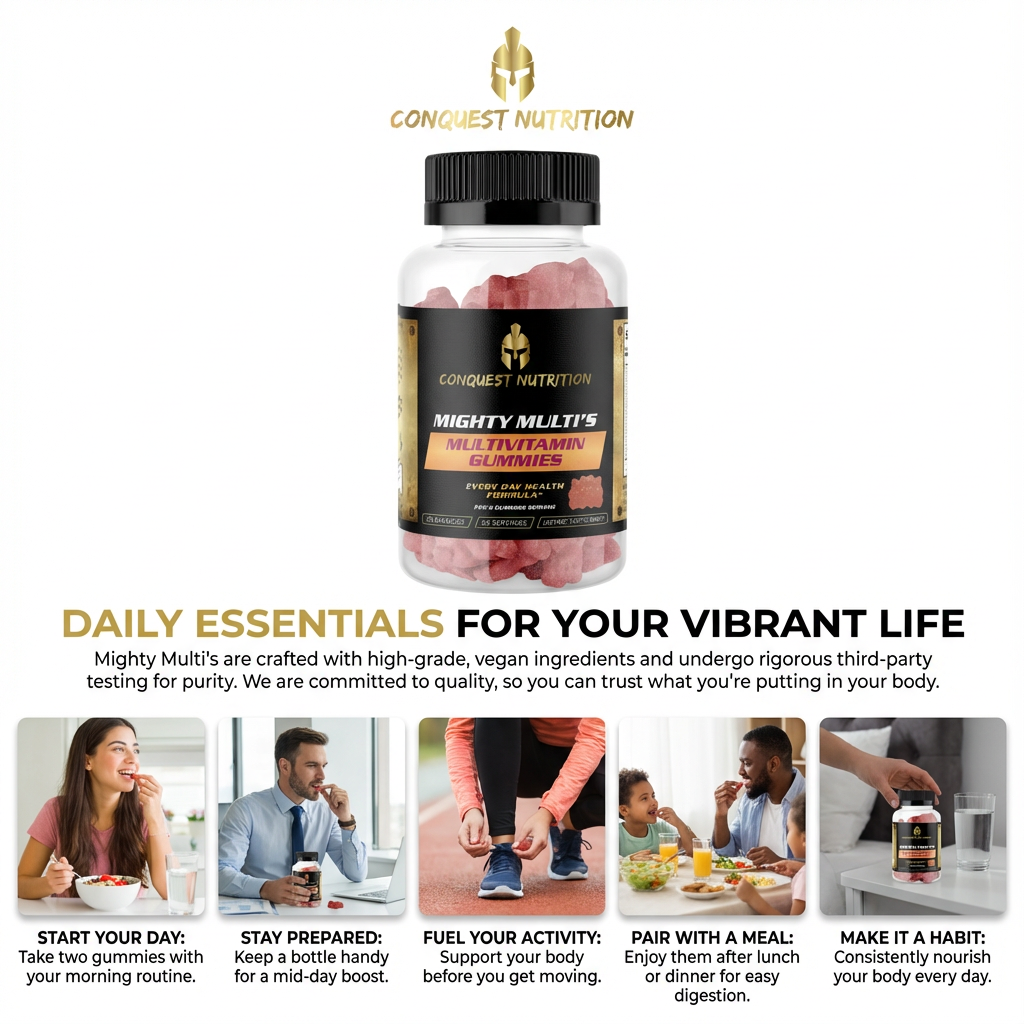 Conquest Nutrition Mighty Multi multivitamin gummies packaging with lifestyle images and text.