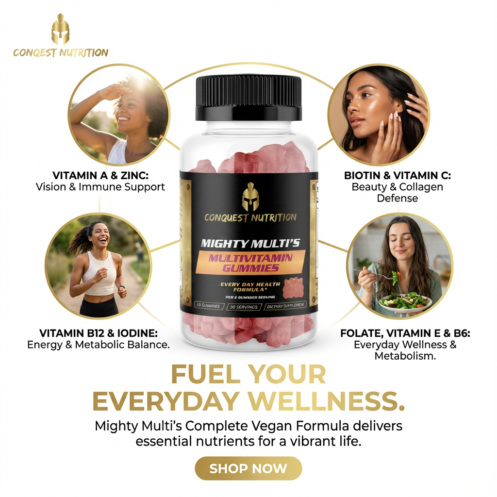 Conquest Nutrition Mighty Multi's multivitamin gummies packaging with health benefits highlighted.