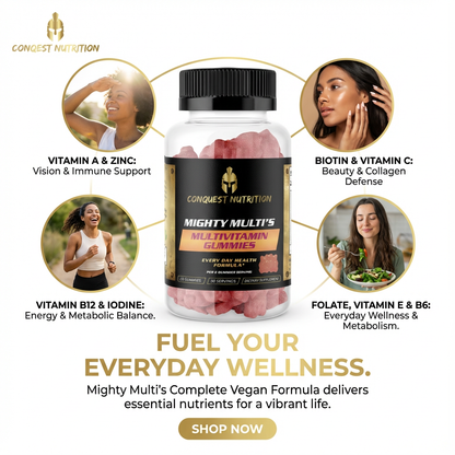 Conquest Nutrition Mighty Multi's multivitamin gummies packaging with health benefits highlighted.