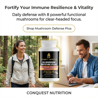 Advertisement for Conquest Nutrition Mushroom Defense Plus supplement with a man and woman in outdoor and indoor settings.