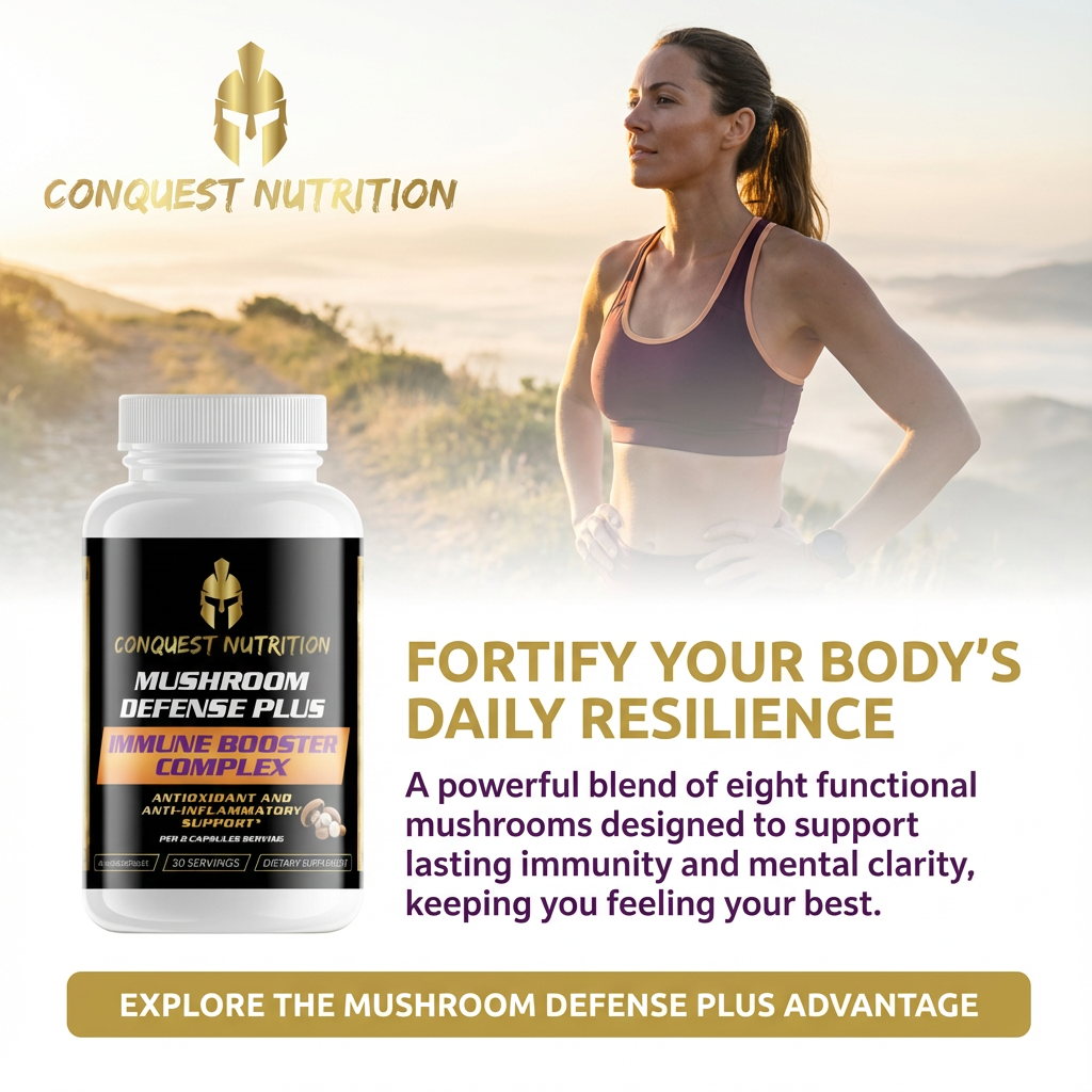 Conquest Nutrition Mushroom Defense Plus supplement bottle with a woman exercising in the background