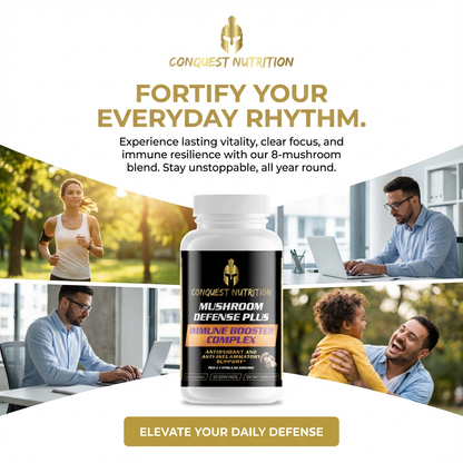 Advertisement for Conquest Nutrition supplement with lifestyle images and product packaging.