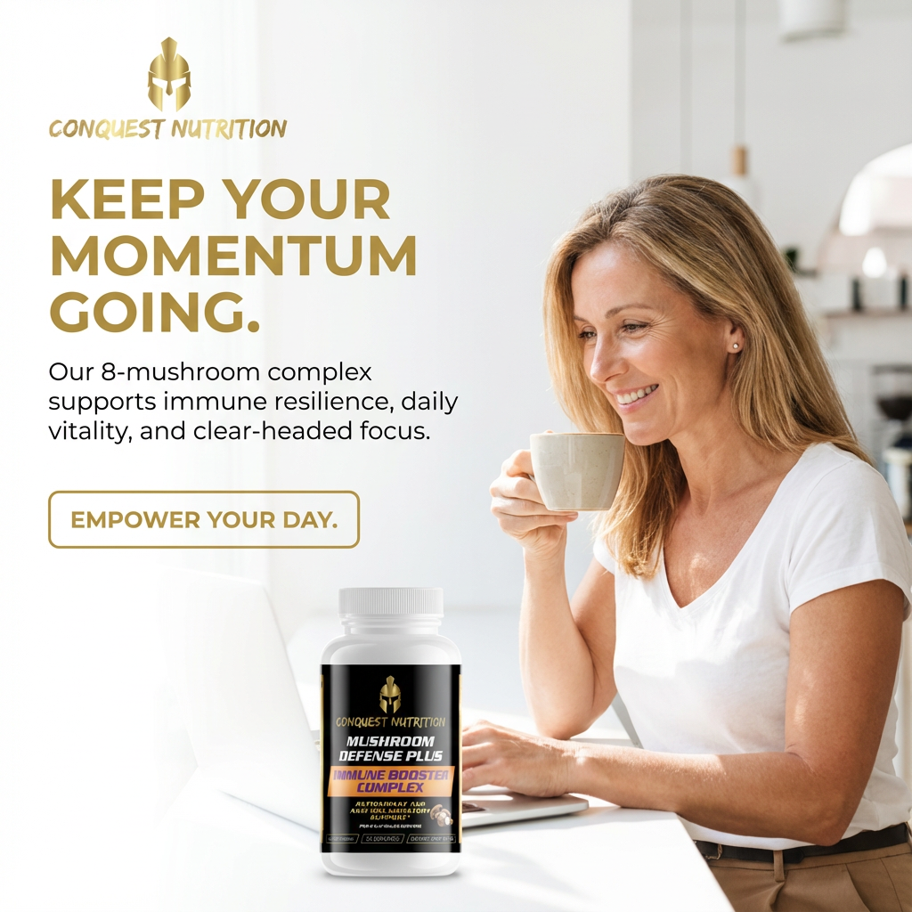 Woman holding a cup of coffee with Conquest Nutrition supplement bottle on a desk, text about supplement benefits.
