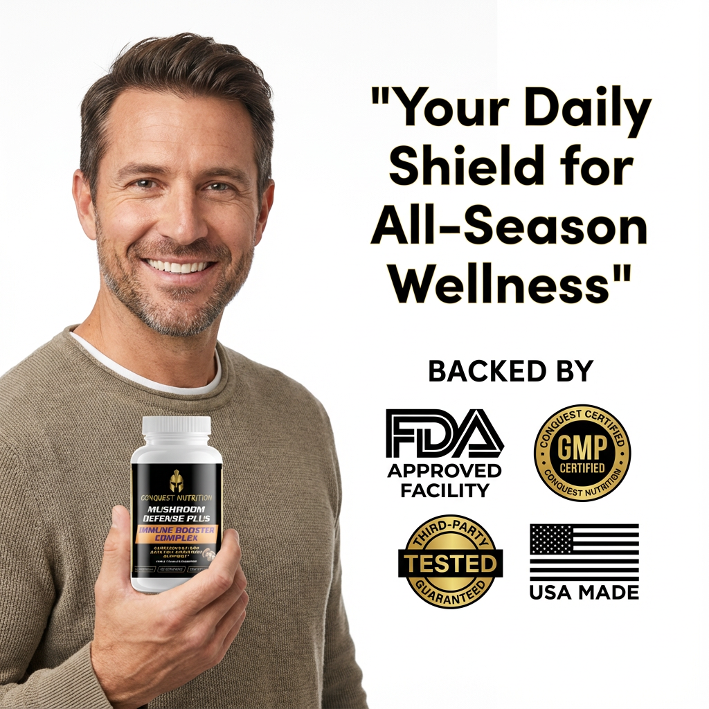 Man holding a supplement bottle with wellness and certification logos on a white background