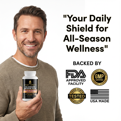 Man holding a supplement bottle with wellness and certification logos on a white background