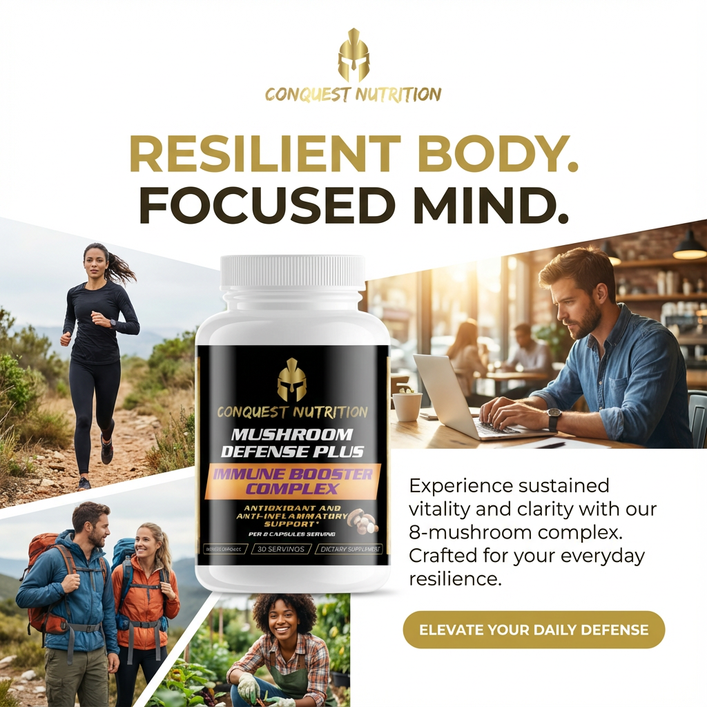 Advertisement for Conquest Nutrition Mushroom Defense Plus supplement with lifestyle images and text.