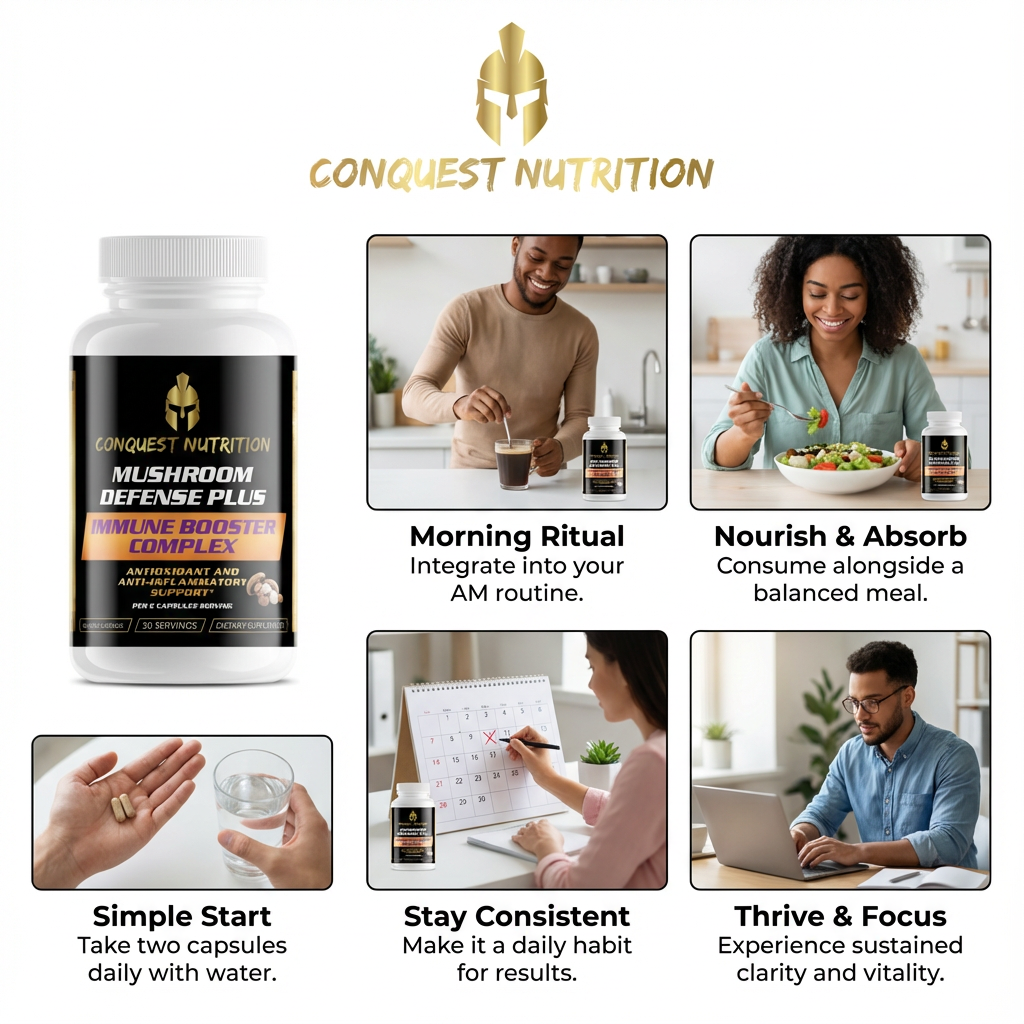Conquest Nutrition supplement bottle with lifestyle images and text on a white background