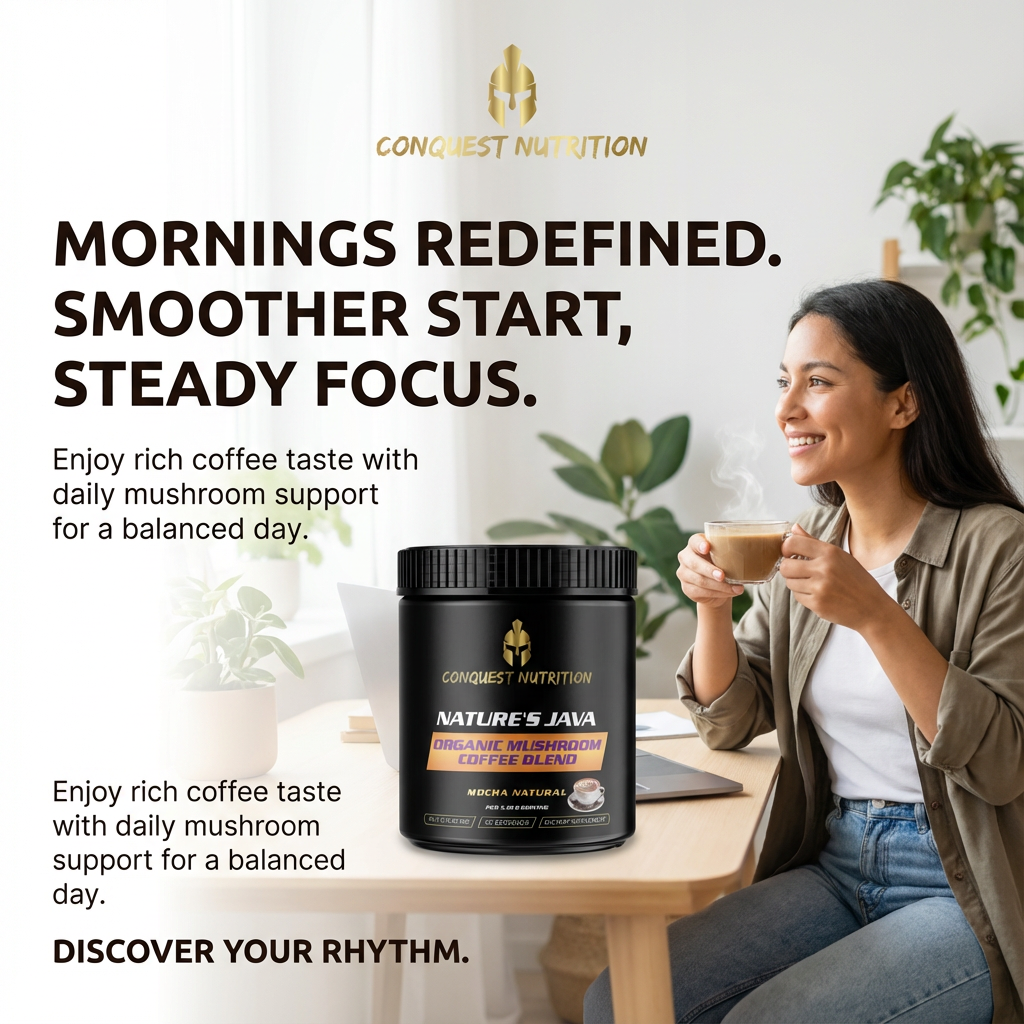 Woman enjoying a cup of coffee with Conquest Nutrition Nature's Java supplement in the foreground.