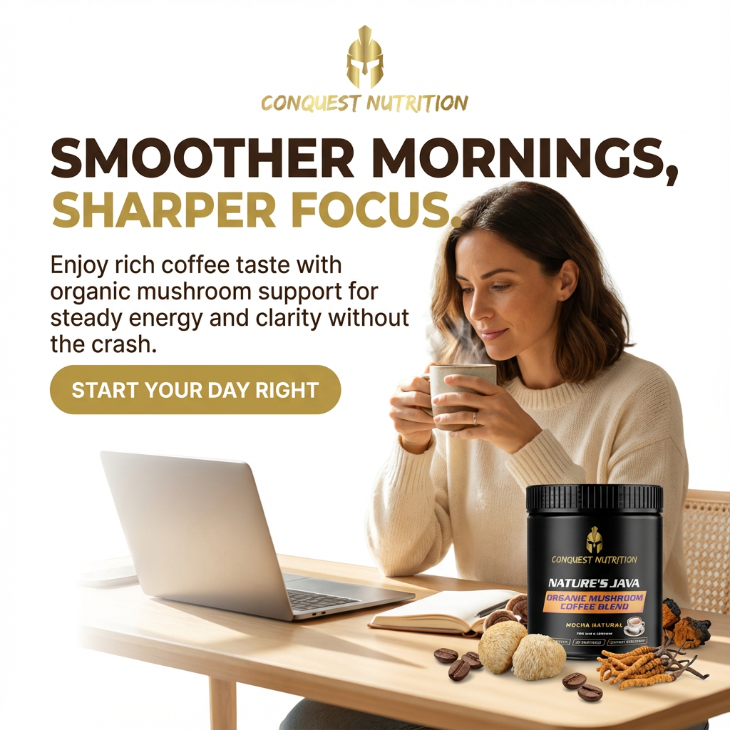 Woman drinking coffee with a laptop, surrounded by Conquest Nutrition products on a desk.