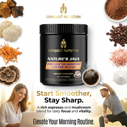 Conquest Nutrition Nature's Java supplement with ingredients and lifestyle images on a white background