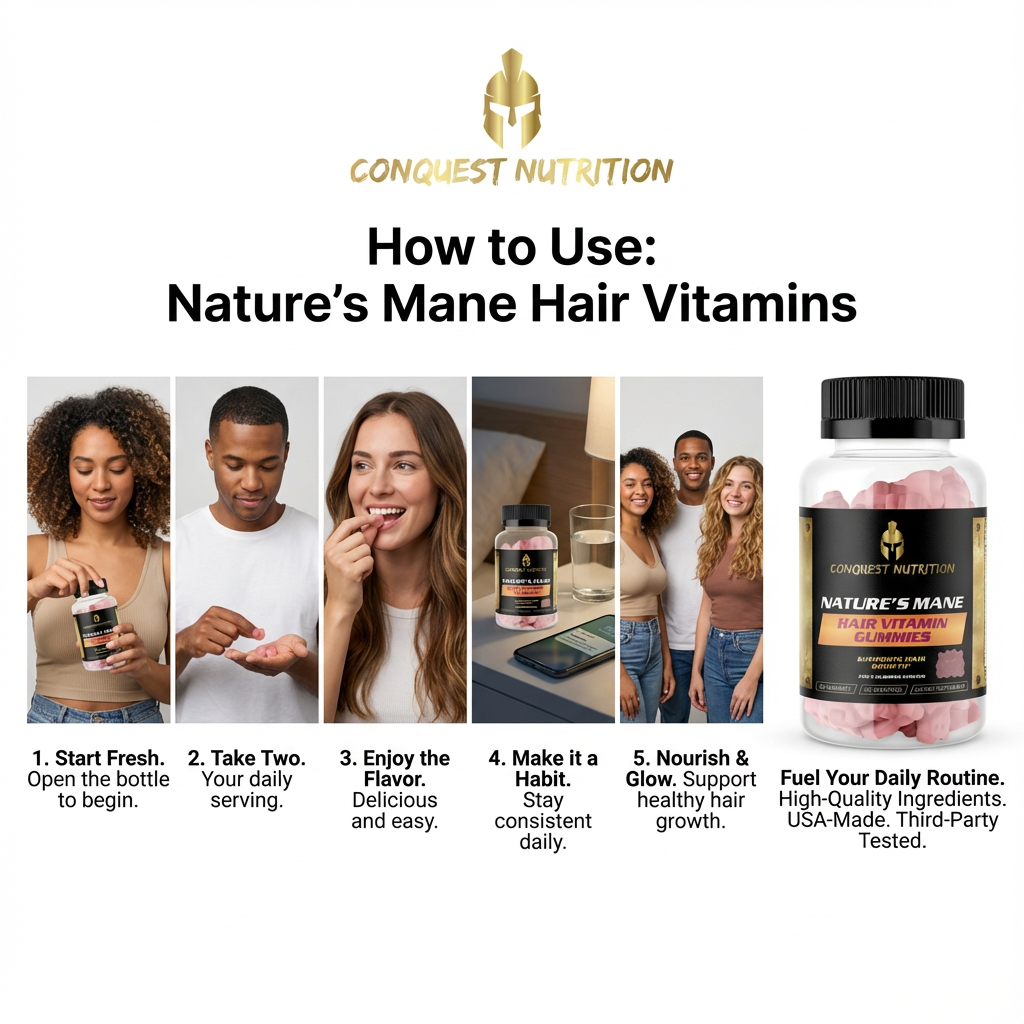 Promotional image for Conquest Nutrition Nature's Mane Hair Vitamins with step-by-step guide and product packaging.