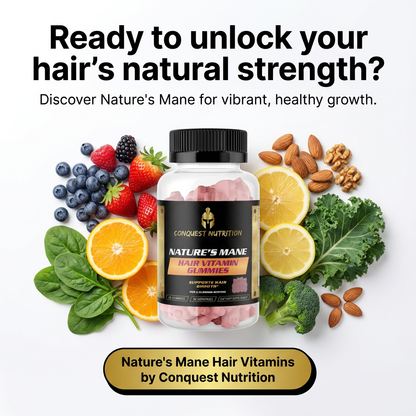 Nature's Mane hair vitamin gummies with fruits, vegetables, and nuts on a white background