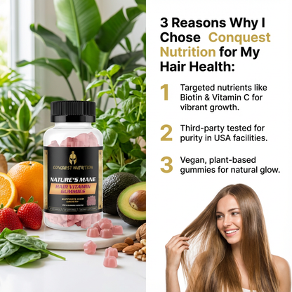 Conquest Nutrition hair health product with a woman with long hair and a list of reasons for choosing the product.