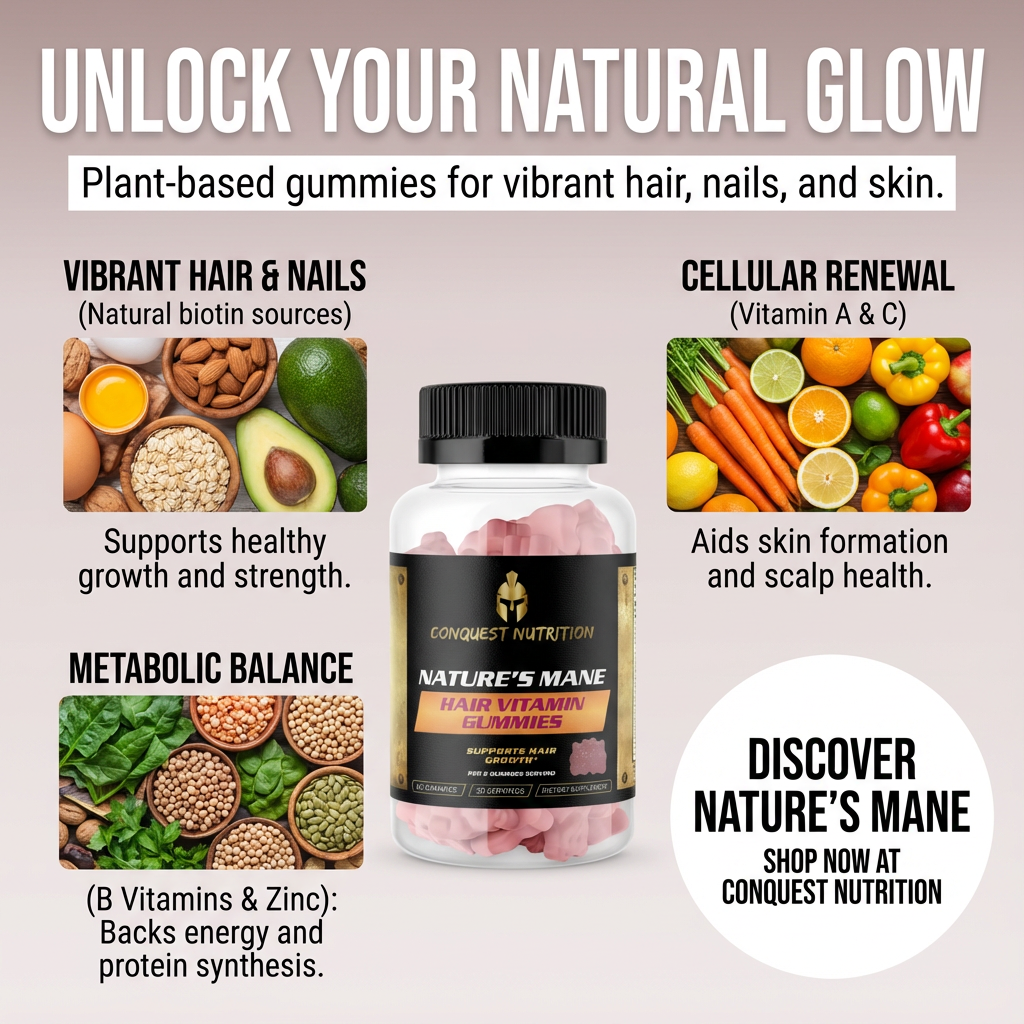 Advertisement for Nature's Mane hair vitamin gummies with images of ingredients and text about benefits.