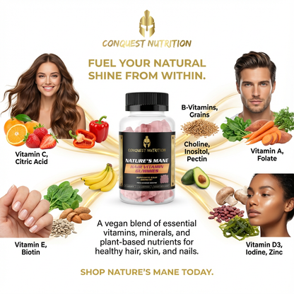 Advertisement for Conquest Nutrition vitamins with images of people and food items.