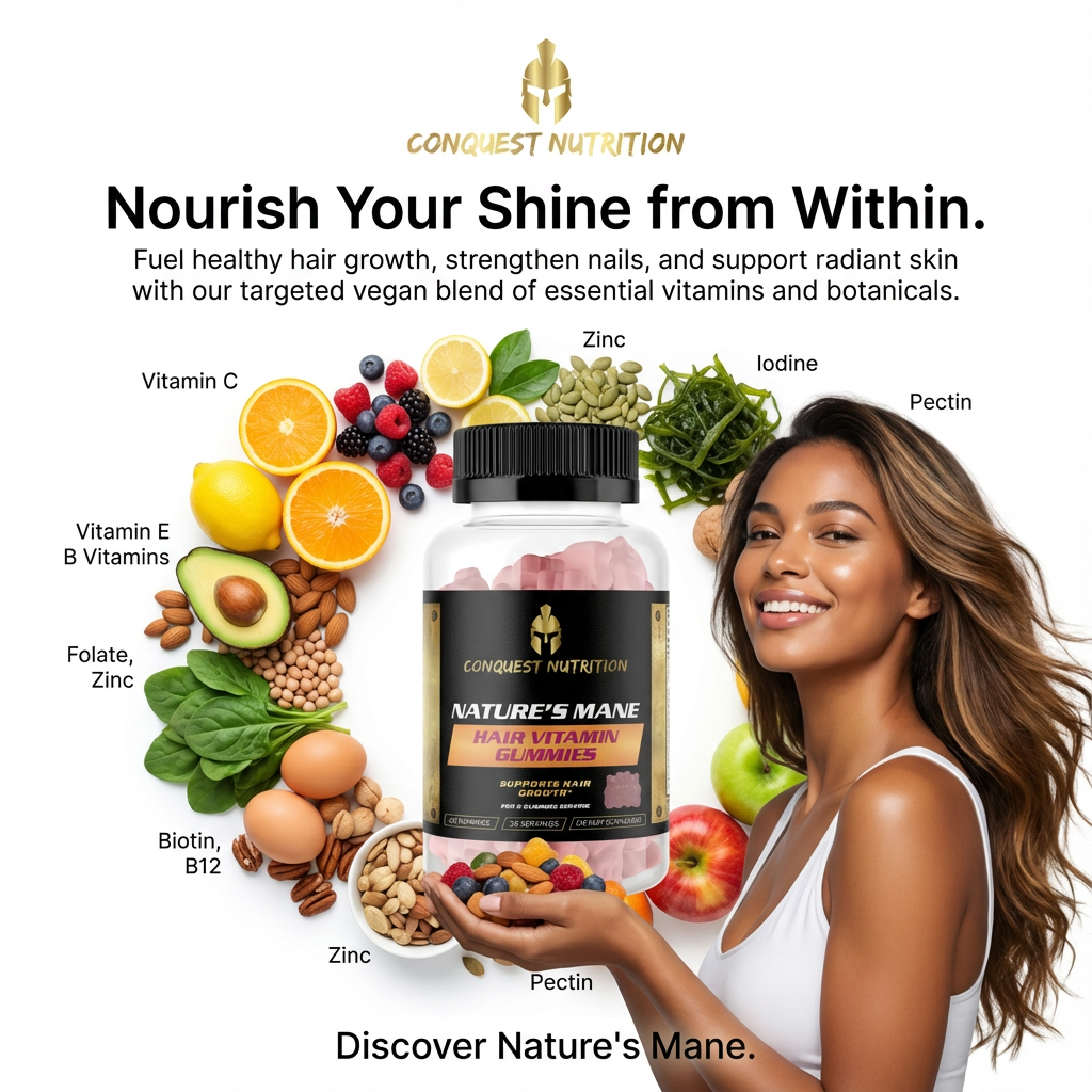 Advertisement for Conquest Nutrition Nature's Mane hair vitamin supplement with a woman holding the product and surrounded by health foods.